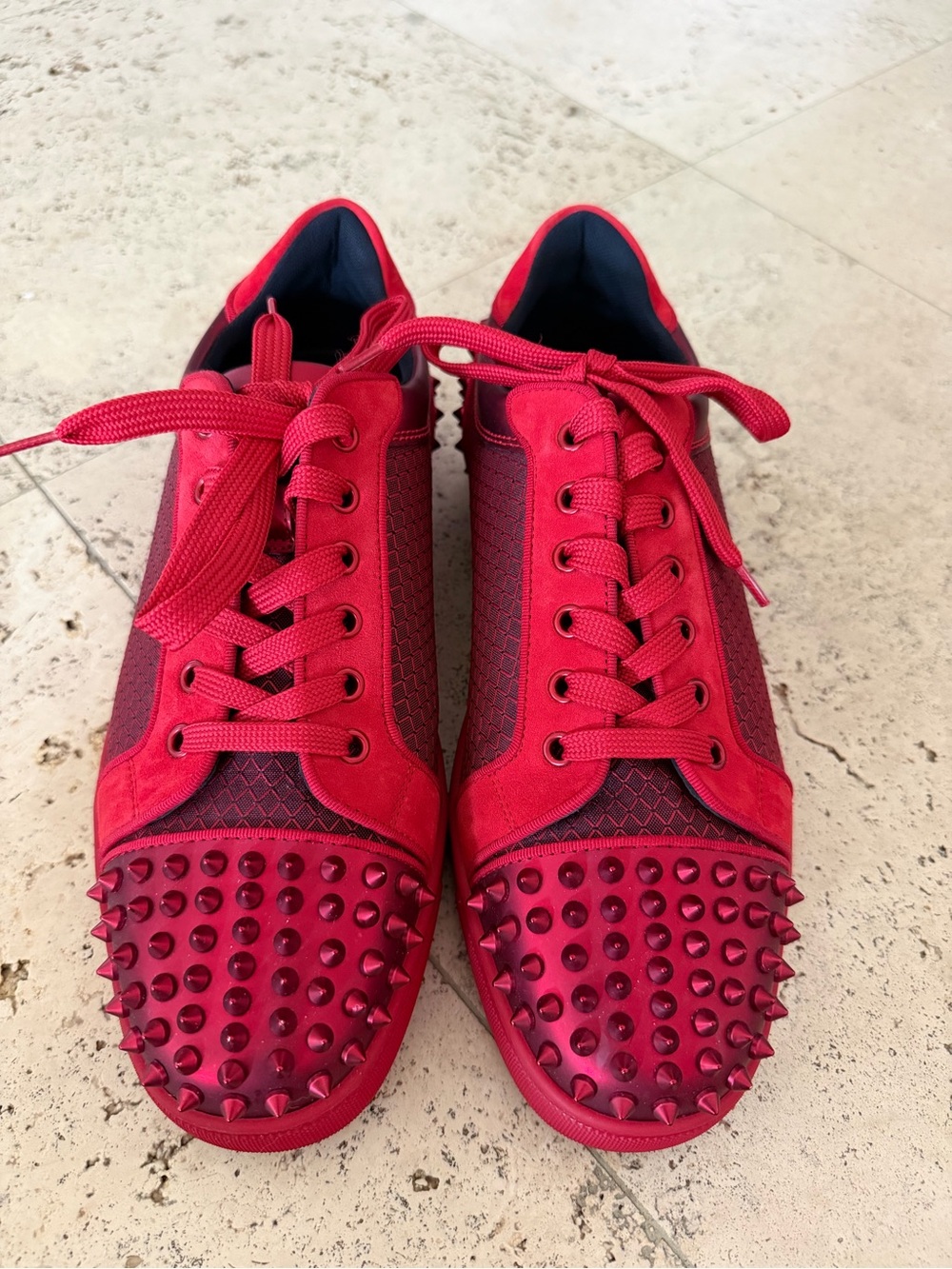 Christian Louboutin Men’s Red Spiked Low-Top Sneakers with Honeycomb Panels - Picture 2 of 7